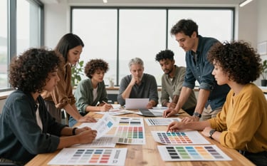 A diverse creative team in a North American design studio with large windows and minimalist decor, gathered around a large wooden table discussing a brand concept for a food market. They are looking at high-quality printouts and color swatches. Professional, collaborative atmosphere with soft morning light.