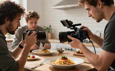 A professional food photographer at work in a sunlit European-style studio kitchen with white-washed brick walls. They are capturing a close-up of a rustic pasta dish using high-end equipment. The scene is warm, professional, and reflects a high-contrast, sophisticated aesthetic.
