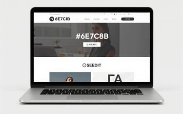 A minimalist desktop scene with a sleek laptop displaying a sophisticated and modern website user interface. The composition is clean and professional, featuring brand tones #6E7C8B and #F8FAFC. Refined aesthetic with soft shadows.