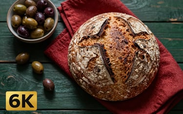A close-up, top-down professional food photography shot of a rustic sourdough loaf on a dark green wooden table. Beside it, a crimson linen napkin and a bowl of fresh olives. Moody lighting, artisanal texture, high sophistication.