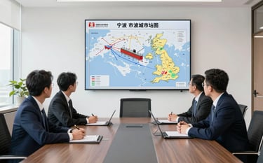 A professional business meeting in a bright, modern office in Ningbo, China. A strategic map on a clean white wall showing shipping routes to the UK. Natural lighting, dark navy blue office furniture, and slate grey accents.