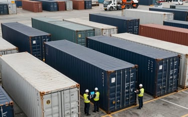 A large logistics terminal with professional staff monitoring operations. Cargo containers in dark navy and white being prepared for shipment. Clean, wide-angle shot of a busy UK port.