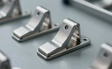 A close-up shot of high-quality stainless steel door stoppers being inspected for quality on a clean, industrial workbench. The lighting is bright and professional, highlighting the metallic texture against a slate grey background.