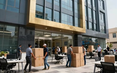 Wide-angle photography showing an efficient office relocation in progress. Workers are moving organized boxes and desks into a modern corporate building in Mecca. The scene is dominated by professional tones of muted steel blue and metallic gold accents on the branding.