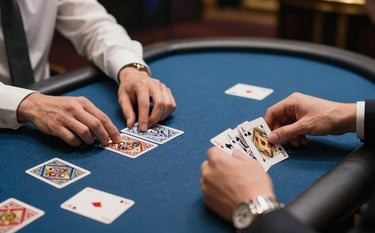 Atmospheric photography of a luxury online casino studio setting in a premium Southeast Asian hotel. Elegant hands are seen interacting with high-quality cards on a professional table. The color palette features medium blue and light gray tones with soft, professional lighting.