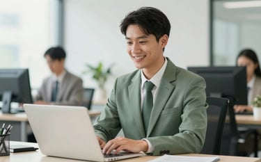 A professional federal employee in a bright, modern office setting, smiling confidently while working on a laptop. The atmosphere is professional and secure. The lighting is soft and natural, with a color palette incorporating subtle muted greens (#4B6B60) and sophisticated off-white (#F8F5EF).