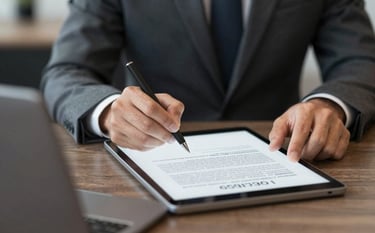 A close-up of a professional in a sharp suit signing a digital document on a tablet, symbolizing efficiency and modern financial solutions. The setting is a corporate lounge. The lighting is sophisticated, emphasizing textures and the professional mood using brand colors #1A2A2A and #C7B090.
