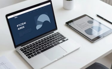 A top-down view of a modern designer's desk with a sleek laptop, a tablet showing abstract brand graphics, and architectural drafting tools. The lighting is bright and professional, utilizing a color palette of #1C2E46 and #A8BECD for a strategic and elegant creative workspace vibe.