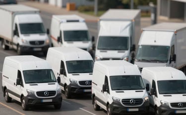 A row of various transport vehicles, from small vans to heavy trucks, representing a versatile fleet for hire. Clean, high-tech aesthetic with a focused depth of field. Professional lighting highlighting the brand's reliability.