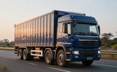 A powerful modern logistics truck driving efficiently on a well-maintained Indian highway during the golden hour. The composition is dynamic, showing speed and reliability. Colors include deep navy blues and metallic greys, reflecting the brand palette #0B1B2B and #3D5C7A.