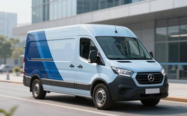 A sleek express delivery van in a high-tech urban logistics hub, showcasing efficiency. The scene is bright and professional with a focus on speed. Accents of light blue #8BAABF and deep navy #0B1B2B integrated into the modern architecture.