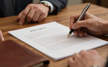 Close-up photography of hands signing a high-quality legal contract on a solid oak table. The lighting is warm and professional, suggesting a high-stakes business environment in Portugal. A silver fountain pen and a leather-bound folder are visible in the shallow depth of field.