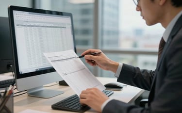 A professional in formal attire reviewing spreadsheets on a computer screen in a sleek Lisbon business district office. The composition is focused on the person's hands and the workspace, reflecting concentration and meticulous attention to detail. Soft, slate blue and off-white color palette.