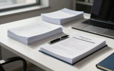 A clean, bright desk in a modern European Portuguese office. Neatly stacked professional documents, a high-end pen, and a laptop are arranged with meticulous order. Natural light streams from a side window, highlighting the crisp white paper and dark blue accents on the desk.