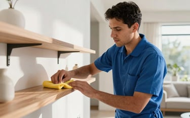A professional cleaner in a modern minimalist Latinoamericano home, carefully dusting a sleek wooden shelf. The composition is bright and airy with soft sunlight, featuring a palette of steel blue and off-white. Professional attire and focused expression.