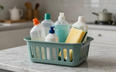 Close-up of organized eco-friendly cleaning supplies in a muted teal basket, placed on a pristine marble countertop in a Latinoamericano / Hispano kitchen. Soft, professional studio lighting, minimalist style.