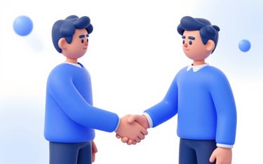 A professional 3D isometric illustration of a digital handshake between two stylized avatars, representing a brand partnership. The colors incorporate #2C5D8B and #8CB8DB. The background is clean white (#F0F8FF) with soft technological glow effects.