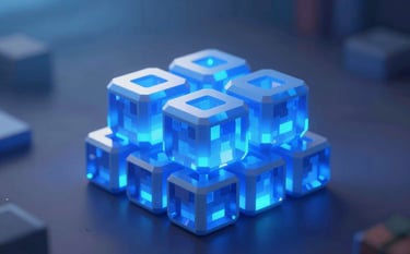 A professional high-definition shot of glowing Blue Gem Locks (BGLs) from Growtopia stacked neatly. The lighting is cinematic with blue neon accents (#2C5D8B) and sharp highlights. The overall atmosphere is secure and premium, using #0A1C2C in the shadows and #F0F8FF for light rays.