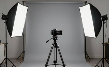 A clean photography studio interior. A professional camera is mounted on a tripod, facing a soft grey seamless backdrop. Large softbox lights stand on either side, reflecting a clean and innovative mood. Small details in muted gold accent the equipment stands.