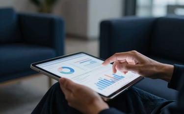 A close-up photograph of hands interacting with a brightly lit tablet screen displaying blurred analytics. The environment is a professional lounge with deep navy upholstery and soft grey architectural details. The lighting is moody and focused.