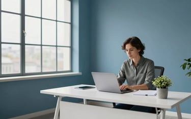 A wide-angle shot of a bright, professional workspace with a large window. A slate blue accent wall provides a sophisticated backdrop for a white modern desk. A person is focused on a silver laptop, and a small potted plant sits nearby in a soft grey pot. The lighting is crisp and airy.