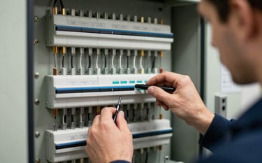 Close-up of a high-quality electrical control panel in a European / Spanish building. A focused professional is performing a check. Professional, sharp photography with dark blue and soft off-white tones.
