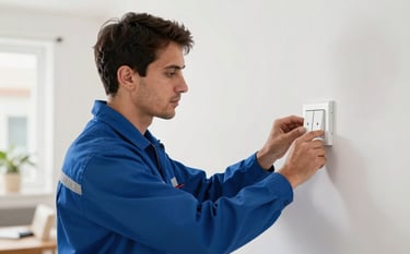 A professional electrician in a bright European / Spanish home setting, installing a modern white light switch. The lighting is natural and clean, reflecting reliable professionalism. The technician wears a medium blue uniform matching the brand palette.