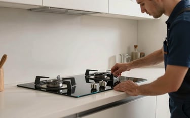 A professional technician installing a modern glass-ceramic cooktop in a contemporary European / Spanish kitchen. The scene features soft off-white cabinets and dark blue accents, emphasizing safe and efficient service.