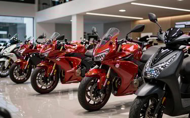 A high-end showroom in Bogotá, South America, featuring a lineup of brand new Honda motorcycles including red sport models and sleek black scooters. The lighting is professional and modern, reflecting off the polished floor and chrome finishes in a technological atmosphere.