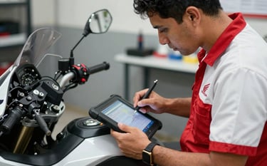 A specialized Colombian technician in a red and white Honda uniform working on a motorcycle in a clean, high-tech service center. He is using a digital diagnostic tablet, showcasing a professional and technological maintenance process.