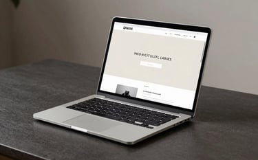 A high-end studio photograph of a sleek, ultra-thin laptop sitting on a deep charcoal desk. The screen displays a minimalist, professional website layout. Soft off-white lighting from the side highlights the aluminum texture and precise edges of the device.