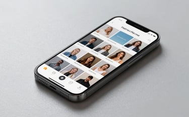 A professional studio-quality shot of a modern smartphone resting on a silver gray surface. The phone screen shows a beautifully curated social media feed. The lighting is soft and sophisticated, emphasizing clean lines and brand detail.