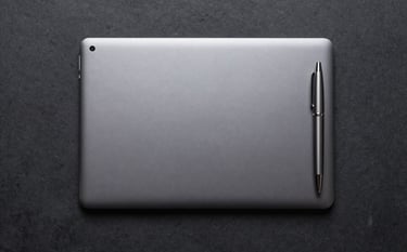 A minimalist, top-down photograph of a dark charcoal workspace. A silver gray tablet and a high-quality pen are positioned neatly. The composition is clean and modern, representing strategic planning and digital precision.