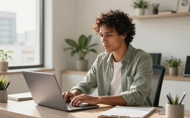 A South American professional sitting in a bright, modern home office in a Brazilian city, focusing on a laptop with a look of determination. The lighting is warm and natural, reflecting an optimistic mood. The space is clean with a few plants and light sage accents.