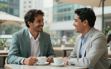 Two South American professionals having an encouraging conversation in a modern outdoor cafe in a Brazilian business district. They are smiling, with coffee cups on the table. The style is clean and professional, using soft teal and light sage tones in the environment.
