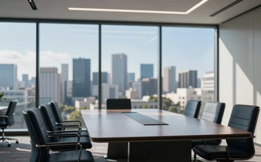 View of a sleek, high-end corporate boardroom in a South American metropolis. Through the glass, a blurred skyline is visible under a clear blue sky. The interior is minimal and modern, featuring dark blue and light sage furniture, symbolizing executive growth.