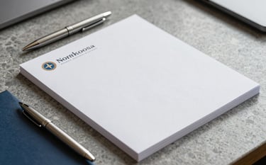 A close-up photograph of high-end corporate stationery and a silver pen resting on a grey stone desk in a North American office. Refined textures, crisp white paper, and a muted blue and subtle gold color palette.