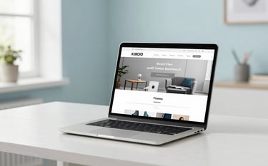 A clean, minimalist photography shot of a high-end laptop on a white oak desk in a modern North American / US home office. The screen displays a crisp, responsive website layout. The lighting is bright and airy with soft sky blue and pale arctic mist accents in the surrounding decor.