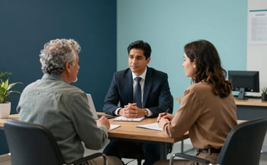 A compassionate legal advisor having a private consultation with a senior citizen in a modern Latin American / Spanish office. The environment is calm and professional, featuring dark slate blue and soft sky cyan accents. Warm natural lighting, wide shot.
