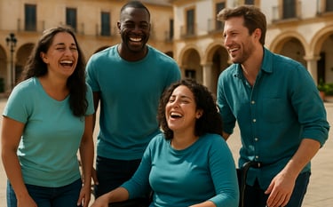 A diverse group of community members, including a person with a visible mobility disability, laughing and sharing a moment of joy in a bright Latin American / Spanish plaza. People are wearing soft sky cyan and ocean teal clothing. High-quality photography, medium shot.