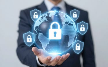 A high-tech holographic globe surrounded by shimmering shield icons and digital locks, signifying global security and financial safety. Clean blue palette with #5082A7 accents, professional and trustworthy.