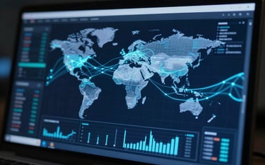 A sophisticated digital dashboard showing real-time global financial market data with glowing neural network lines connecting data points. Modern, clean aesthetic using #0B132B and #5082A7, cinematic lighting, sharp focus on flowing digital algorithms.