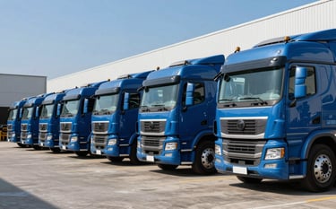 A fleet of professional heavy cargo trucks parked in a neat row at a modern Brazilian distribution center. Clean lines, deep blue and light blue color palette in the environment, high-quality professional photography under clear blue skies.
