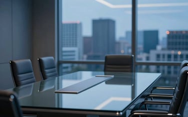 A sophisticated corporate boardroom with a sleek glass table and leather chairs, overlooking a blurred city skyline at dusk. The lighting is cool and professional, incorporating deep blues like #0F1E2E and silver accents to reflect unwavering reliability and expertise.