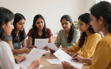 A focused group of South Asian / Indian women participating in a self-help group meeting in a clean, bright community room. They are discussing finance papers for micro-credit projects. Professional and empowering atmosphere.