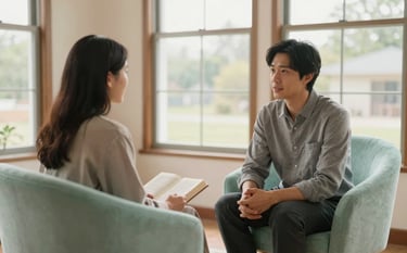 A soft, inviting interior in North American style with warm natural light through large windows. Two people sit in comfortable mint-colored chairs in a safe, quiet space, engaged in a gentle and supportive conversation focused on biblical counseling and healing.
