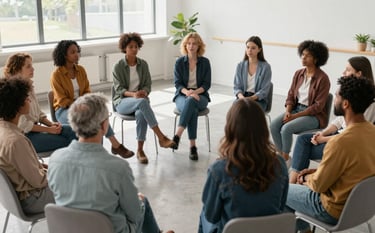 A diverse group of adults sitting in a circle within a bright, modern North American community hall. The atmosphere is one of mutual empathy and hope, with people listening and nodding supportively during a peer support mediation session.