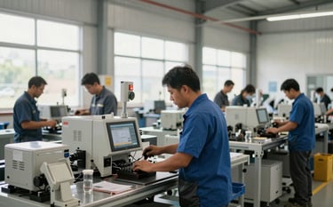 A clean and modern manufacturing workshop in North American / Mexican region, featuring focused workers in professional attire, bright natural lighting coming through large windows, creating a sense of industrial efficiency and progress.