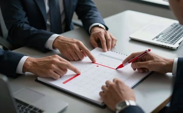 A professional strategy meeting in a sleek North American / Mexican office, hands pointing at a content calendar with crimson red markers, high contrast photography, professional and focused atmosphere.