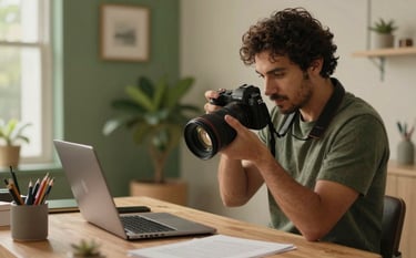 A creative workspace in North American / Mexican city, a professional holding a high-end camera during a product photoshoot for an entrepreneur, warm forest green and beige accents in the room, soft cinematic lighting.